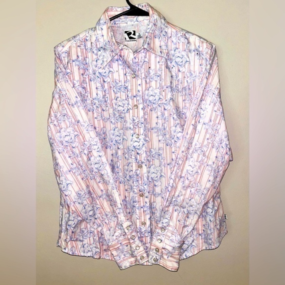 Rockies Cotton Red White Blue Western Rhinestone Pearl Snap Button Shirt S